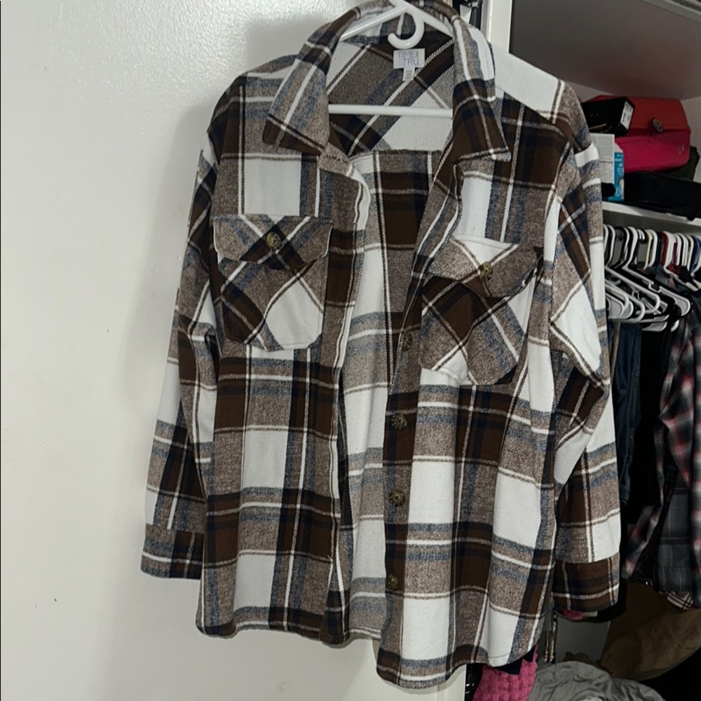 Brown and White Plaid Button-Up jacket